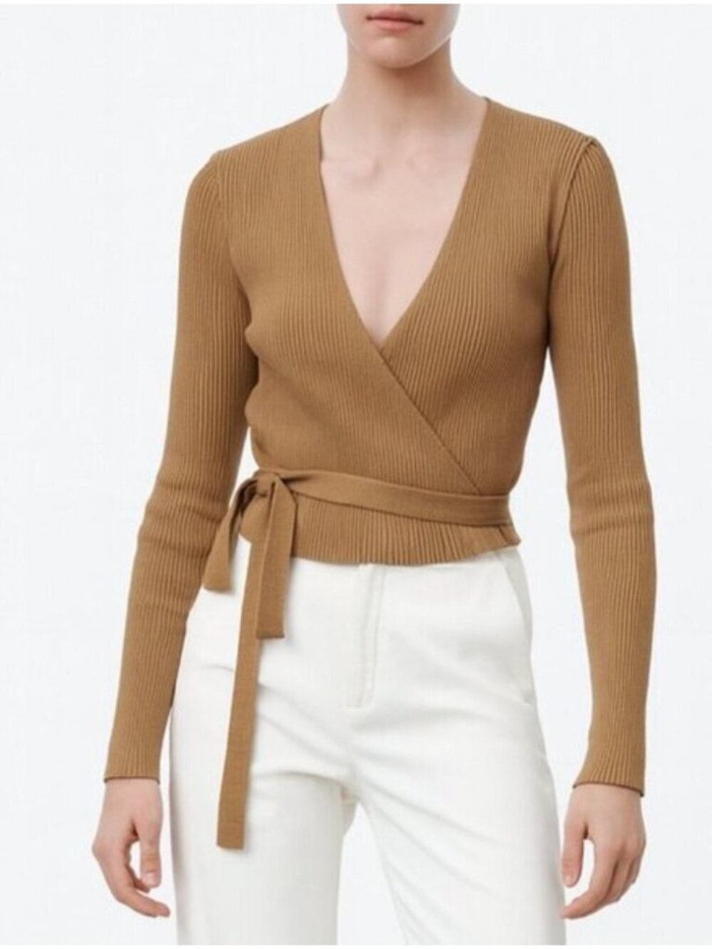 Missguided Brown Ribbed Wrap V neck Top Long Sleeve Size Small